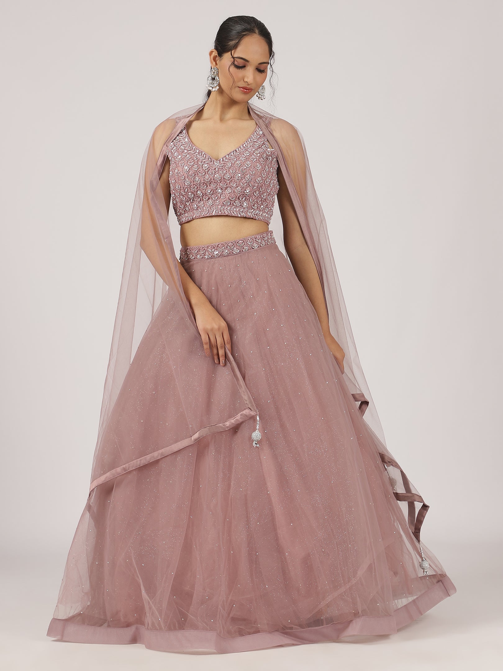 Mauve Pink Net Lehenga with Sequin Embroidery & Designer Blouse