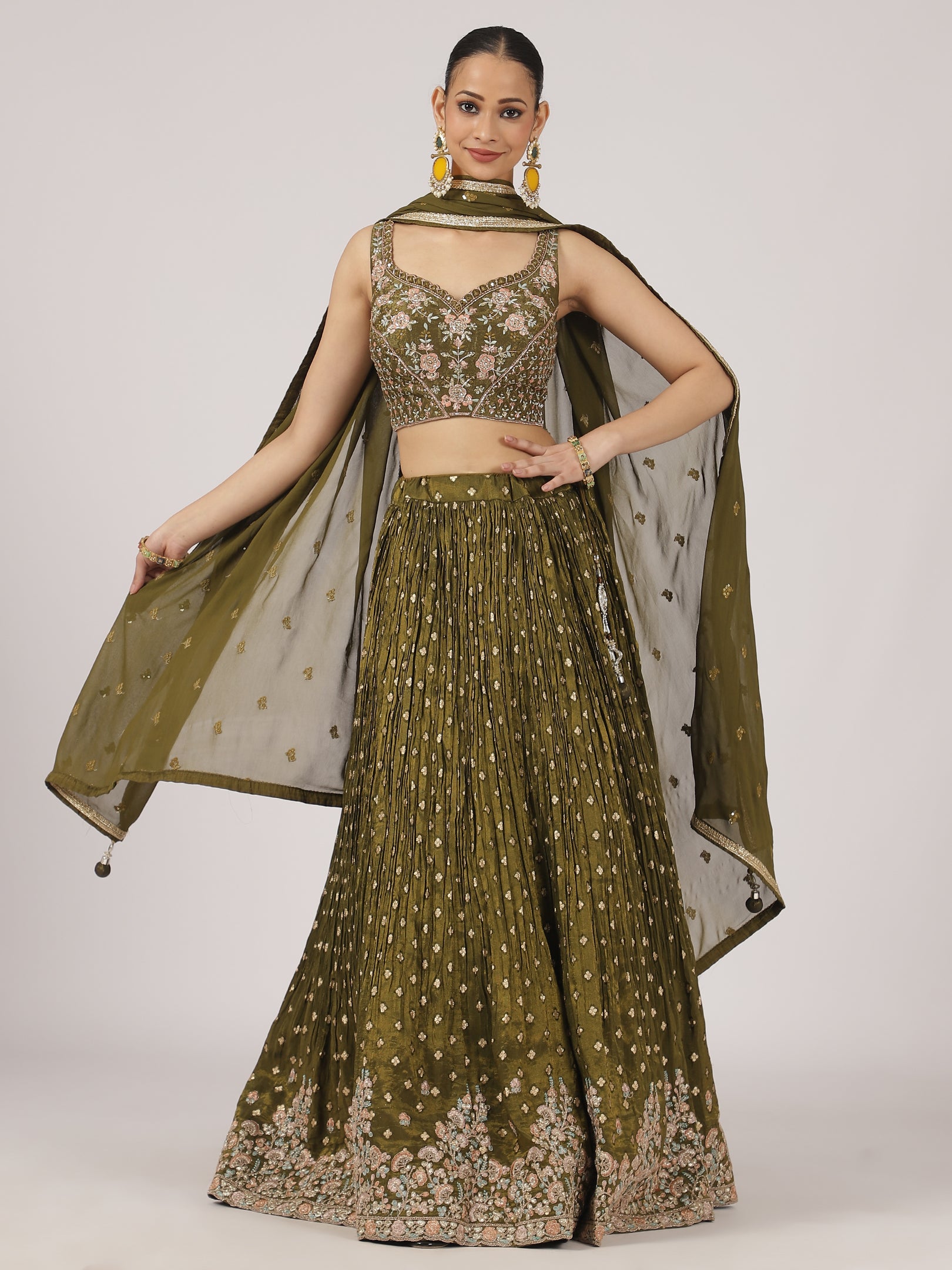 Elegant Olive Green Silk Lehenga with Intricate Embroidery