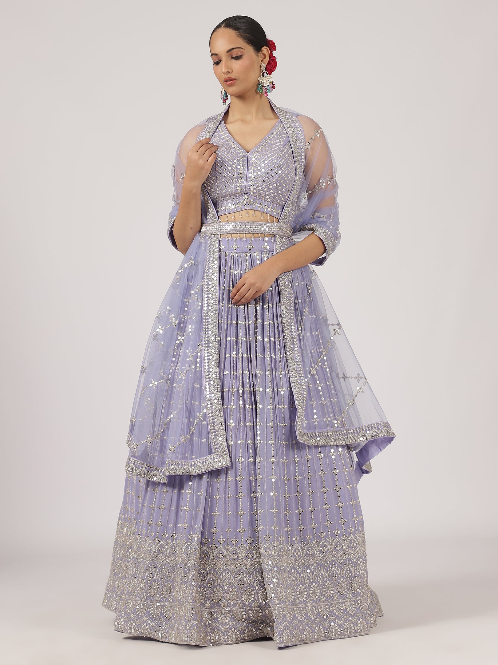 Lavender Mirror Work Lehenga with Embroidered Blouse & Sheer Dupatta