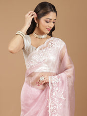 Elegant Blush Pink Embroidered Net Saree with Contrast Blouse