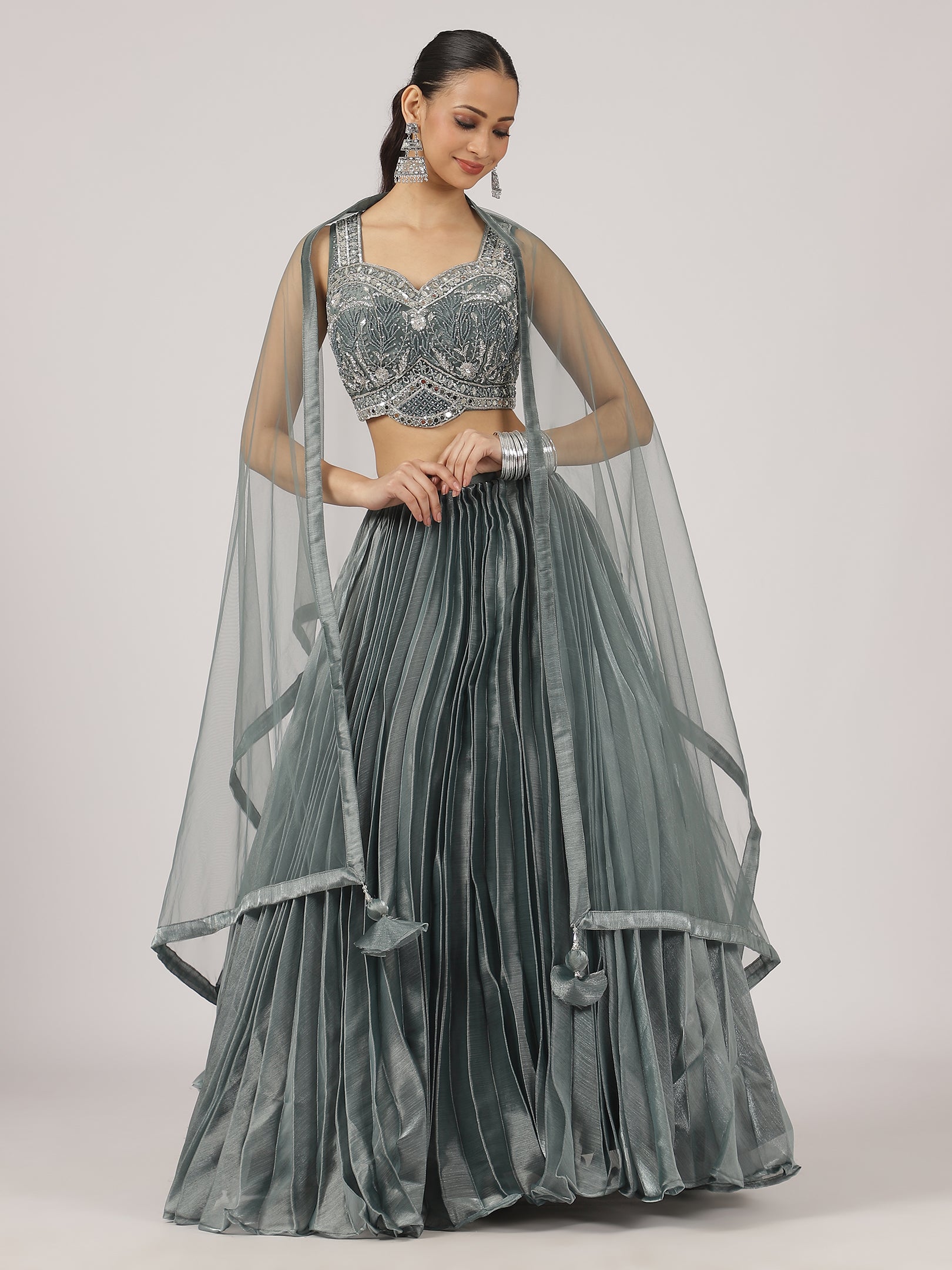 Elegant Grey Pleated Lehenga with Embroidered Blouse & Sheer Dupatta