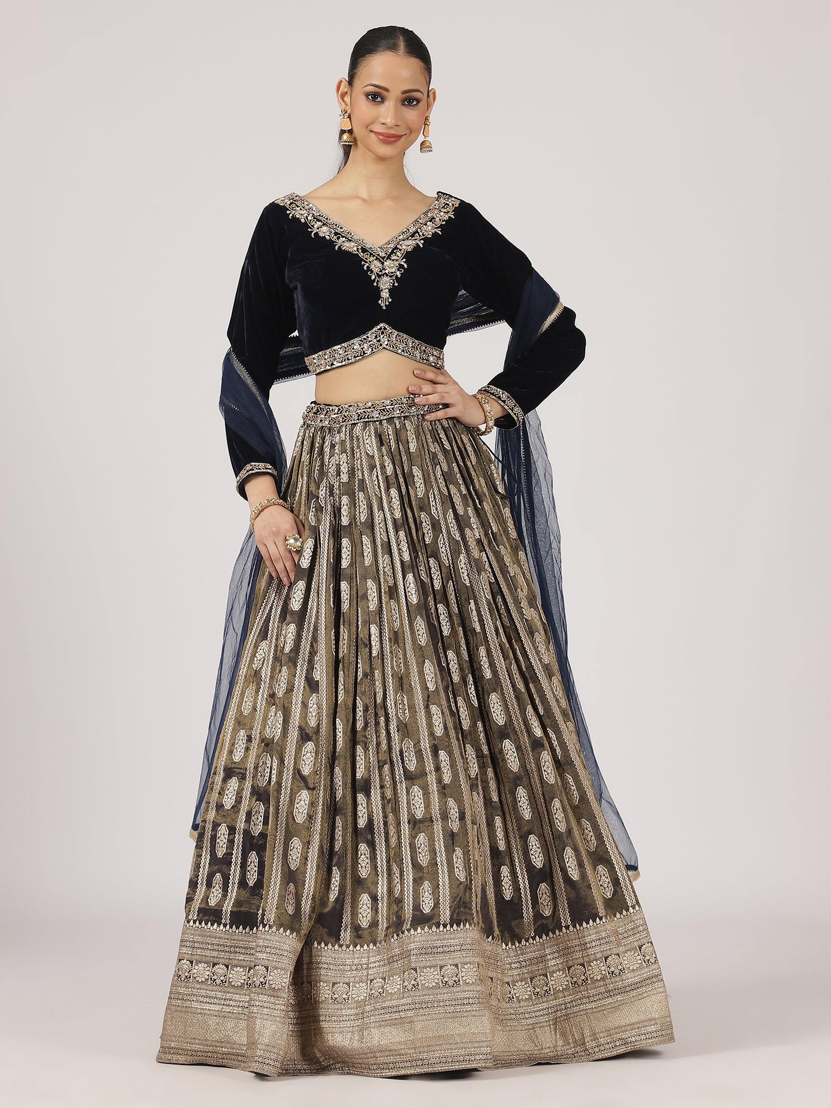 Midnight Blue Velvet Banarasi Lehenga with Zari Embroidery