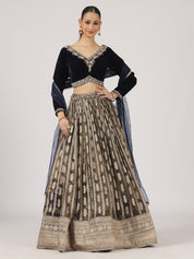 Midnight Blue Velvet Banarasi Lehenga with Zari Embroidery