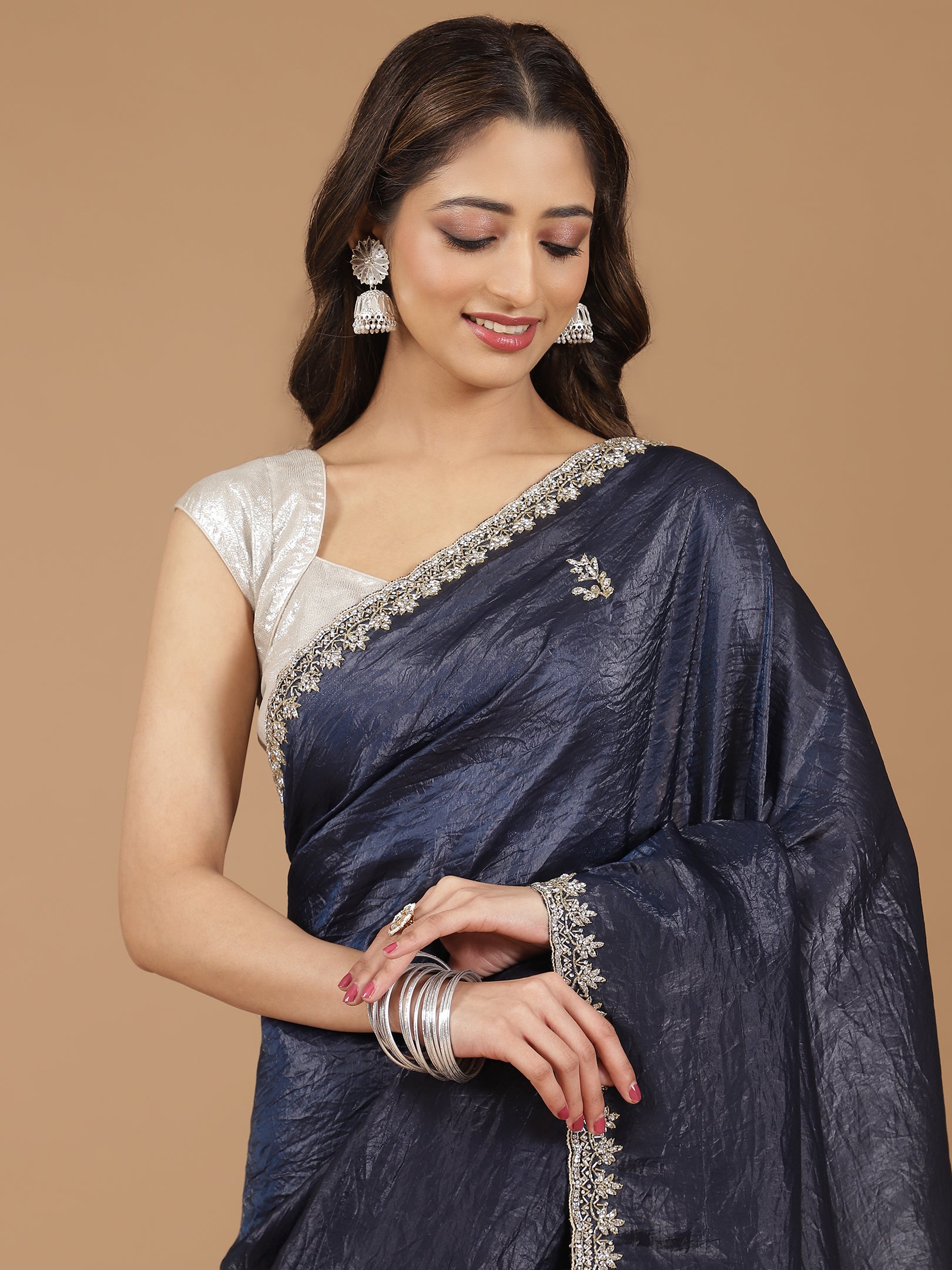 Crushed Silk Saree with Embroidered Border