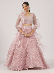 Pastel Pink Organza Pleated Lehenga with Pearl Work Blouse & Ruffled Dupatta