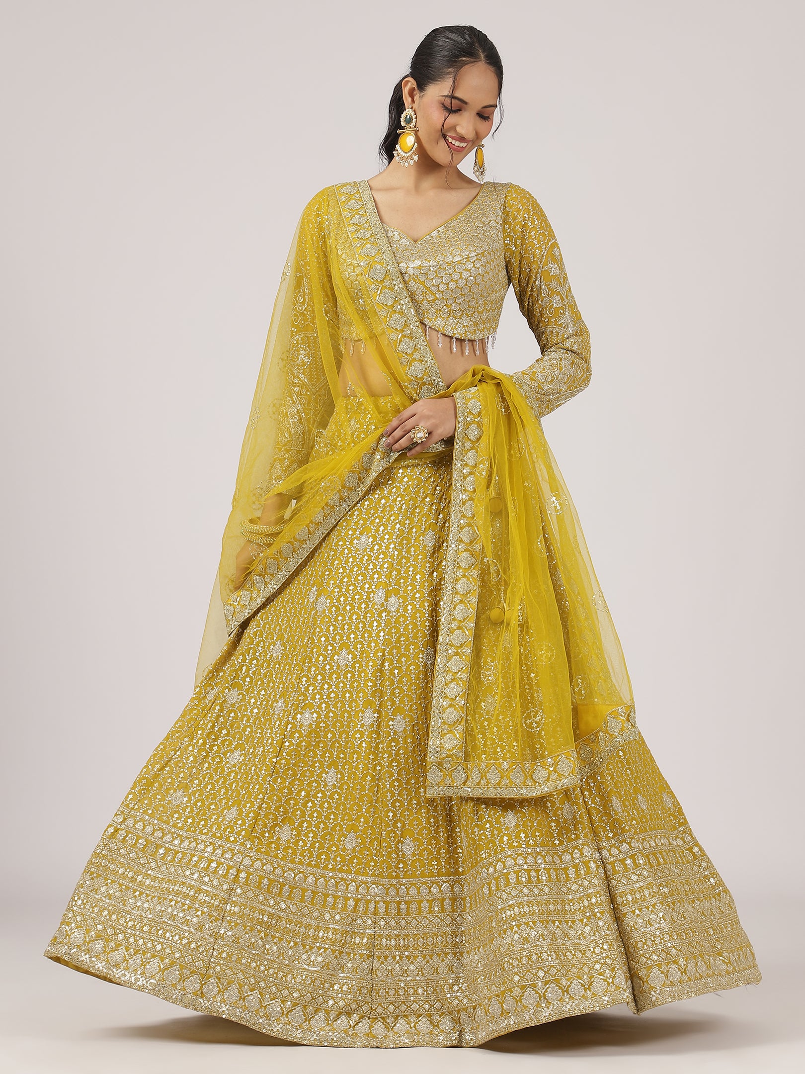 Mustard Yellow Georgette Zari Embroidered Lehenga