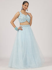 Sky Blue Embroidered Net Lehenga with Sequins & Mirror Work