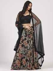 Black Floral Printed Organza Lehenga with Embroidered Blouse & Net Dupatta