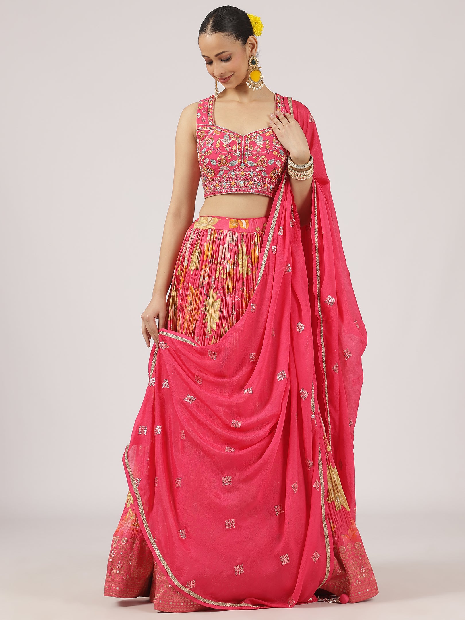 Vibrant Multi-Pink Satin Silk Lehenga with Embroidered Blouse