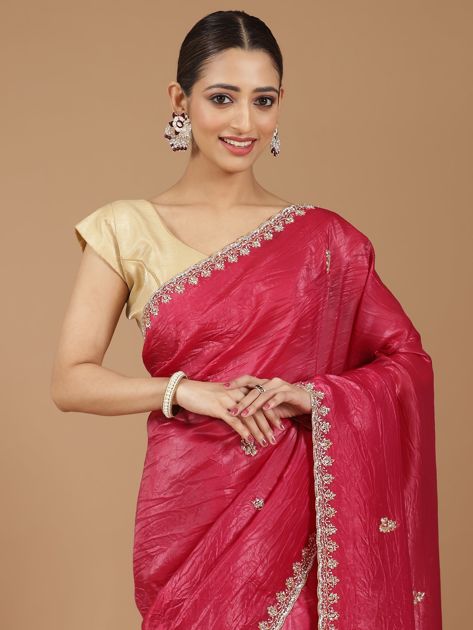 Crushed Silk Saree with Embroidered Border