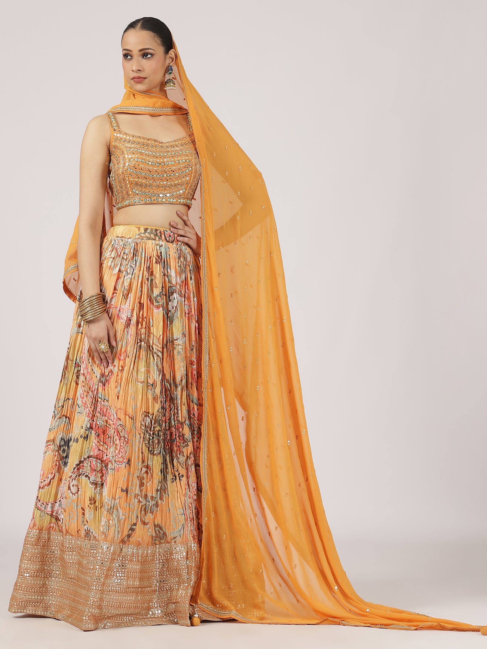 Bloom Orange Floral Print Lehenga with Embroidered Blouse & Dupatta