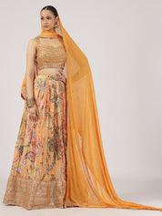 Bloom Orange Floral Print Lehenga with Embroidered Blouse & Dupatta