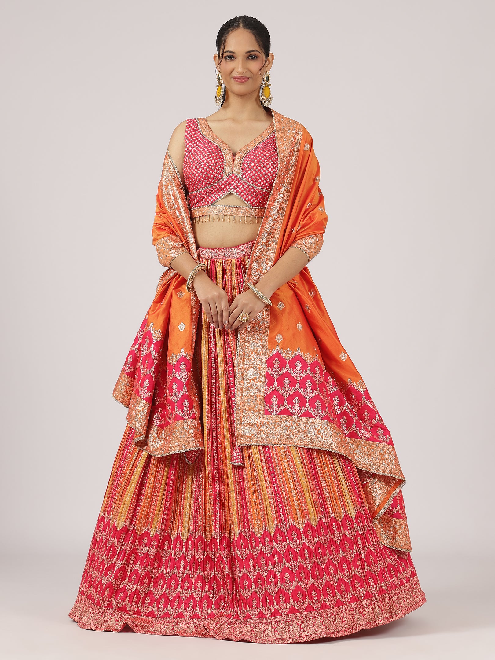 Pink & Orange Bandhani Lehenga Set with Embroidered Blouse & Dupatta