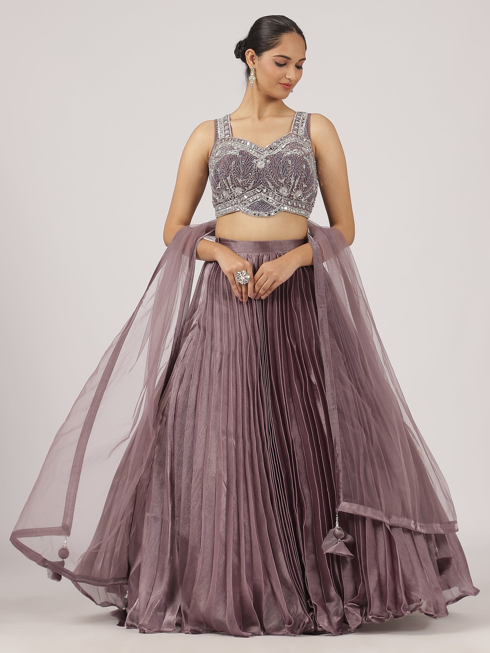 Mauve Pleated Organza Lehenga with Intricate Embroidered Blouse & Sheer Dupatta