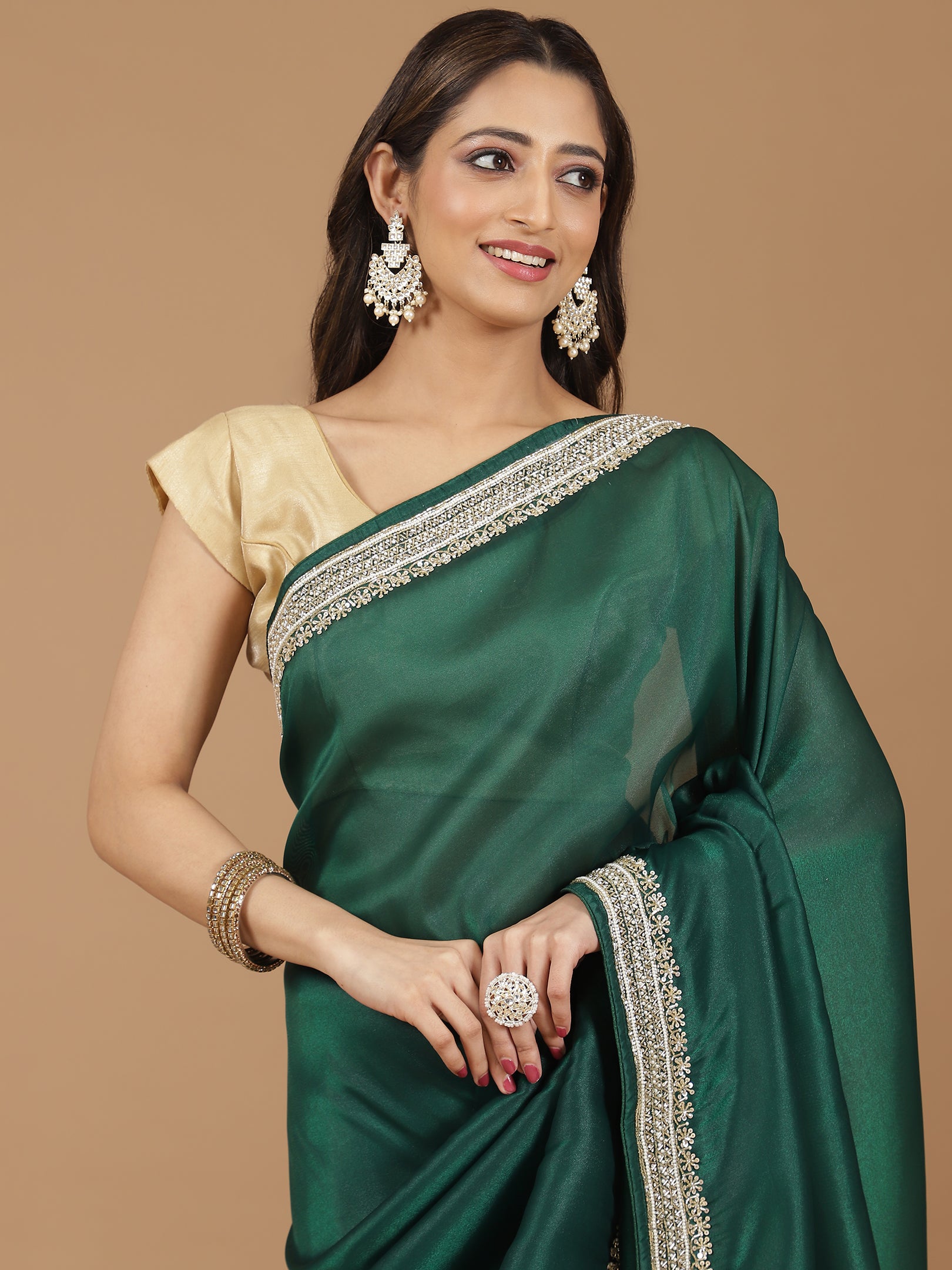 Satin Silk Saree with Delicate Stonework Border