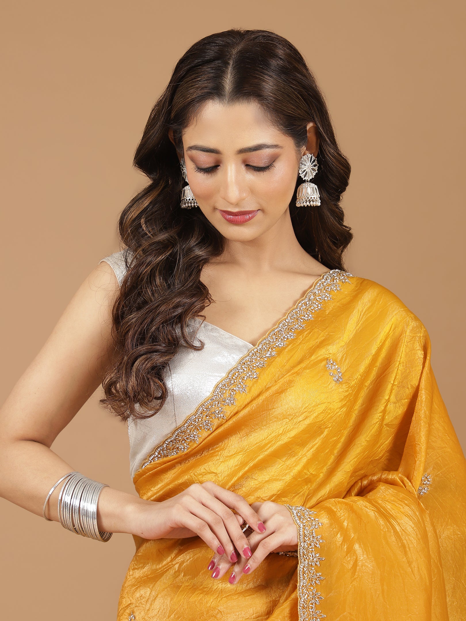 Crushed Silk Saree with Embroidered Border