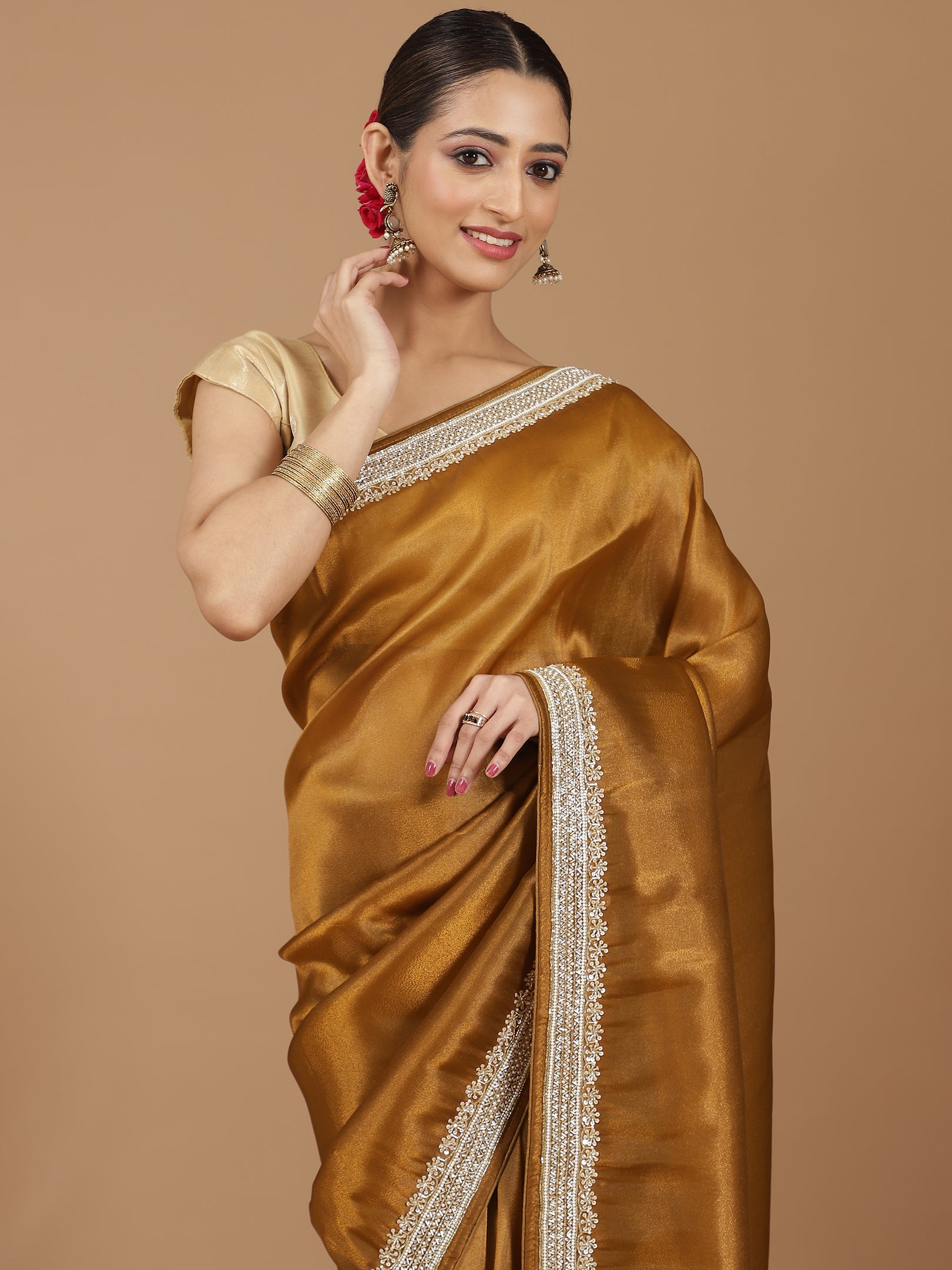 Satin Silk Saree with Delicate Stonework Border