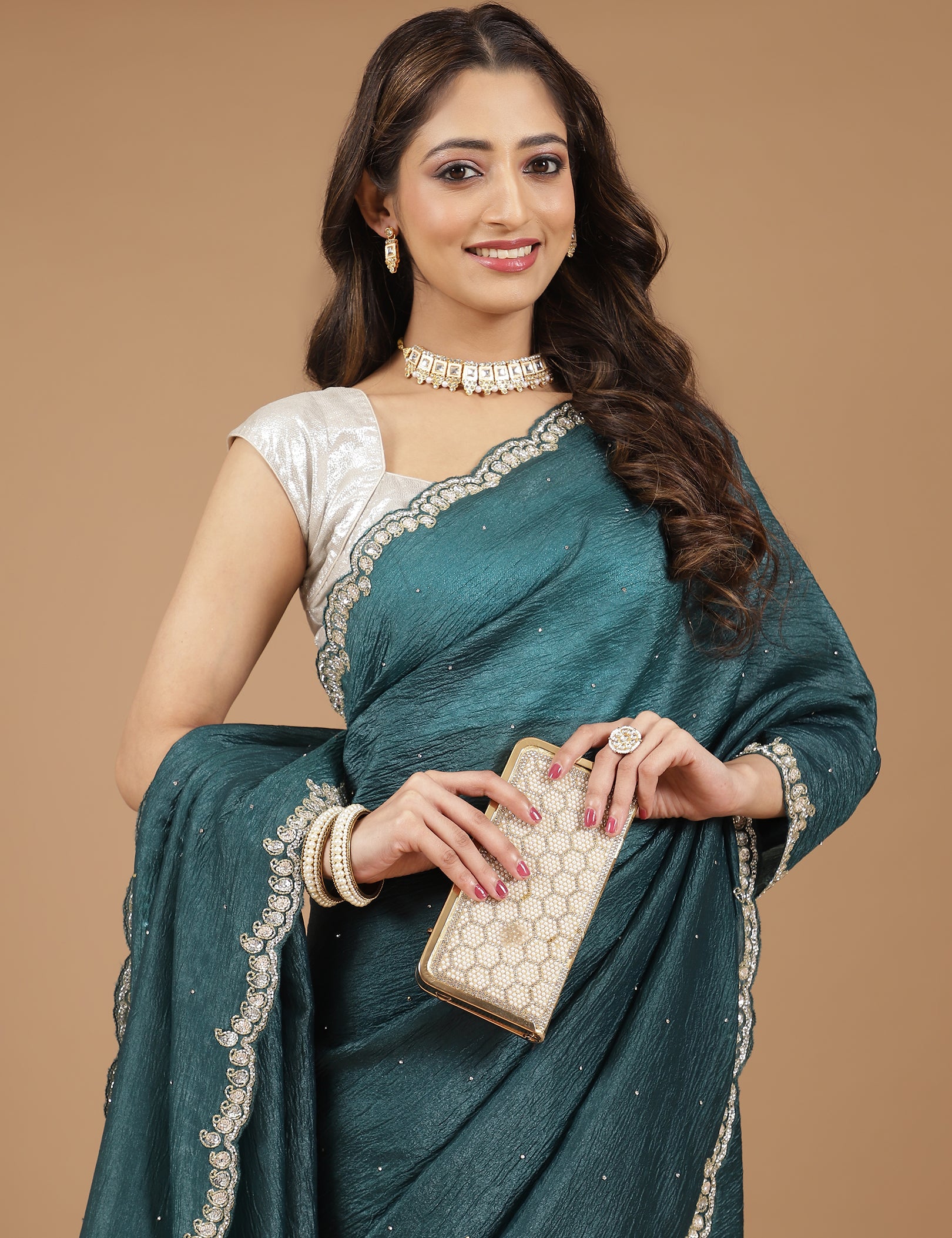 Crushed Silk Saree with Embellished Border