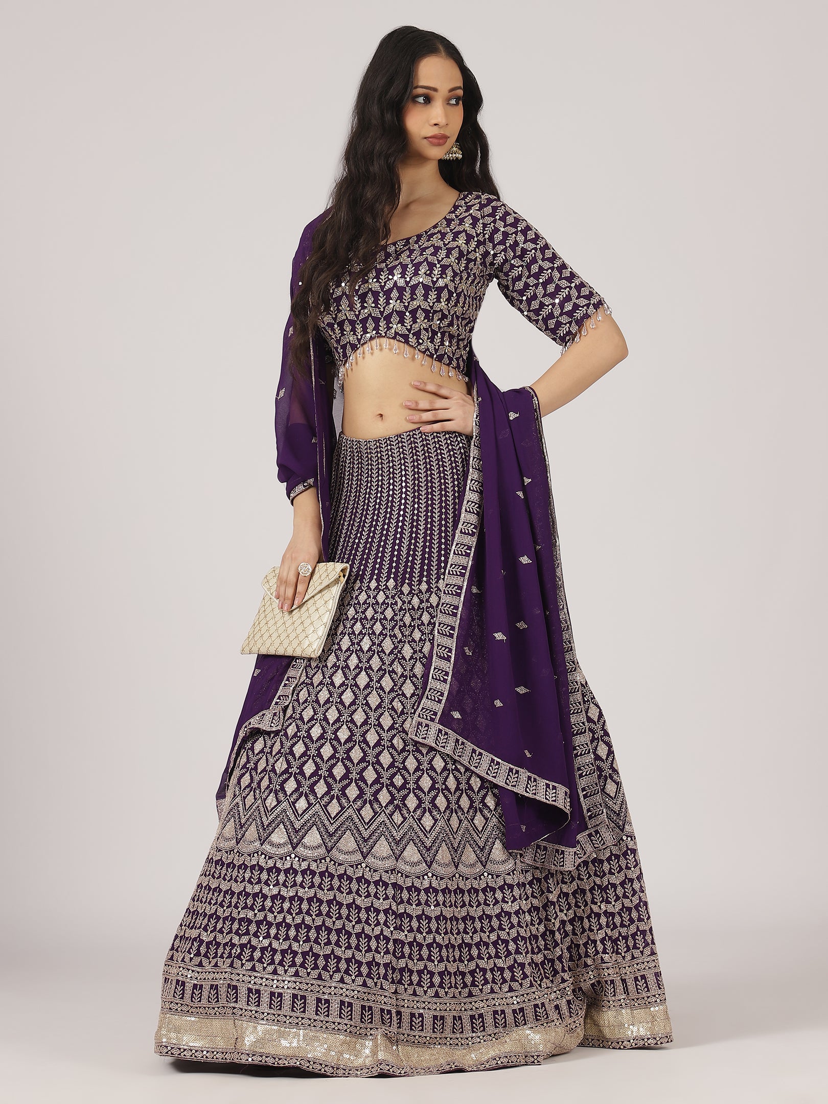 Imperial Violet Georgette Lehenga with Intricate Zari Embroidery & Mirror Work