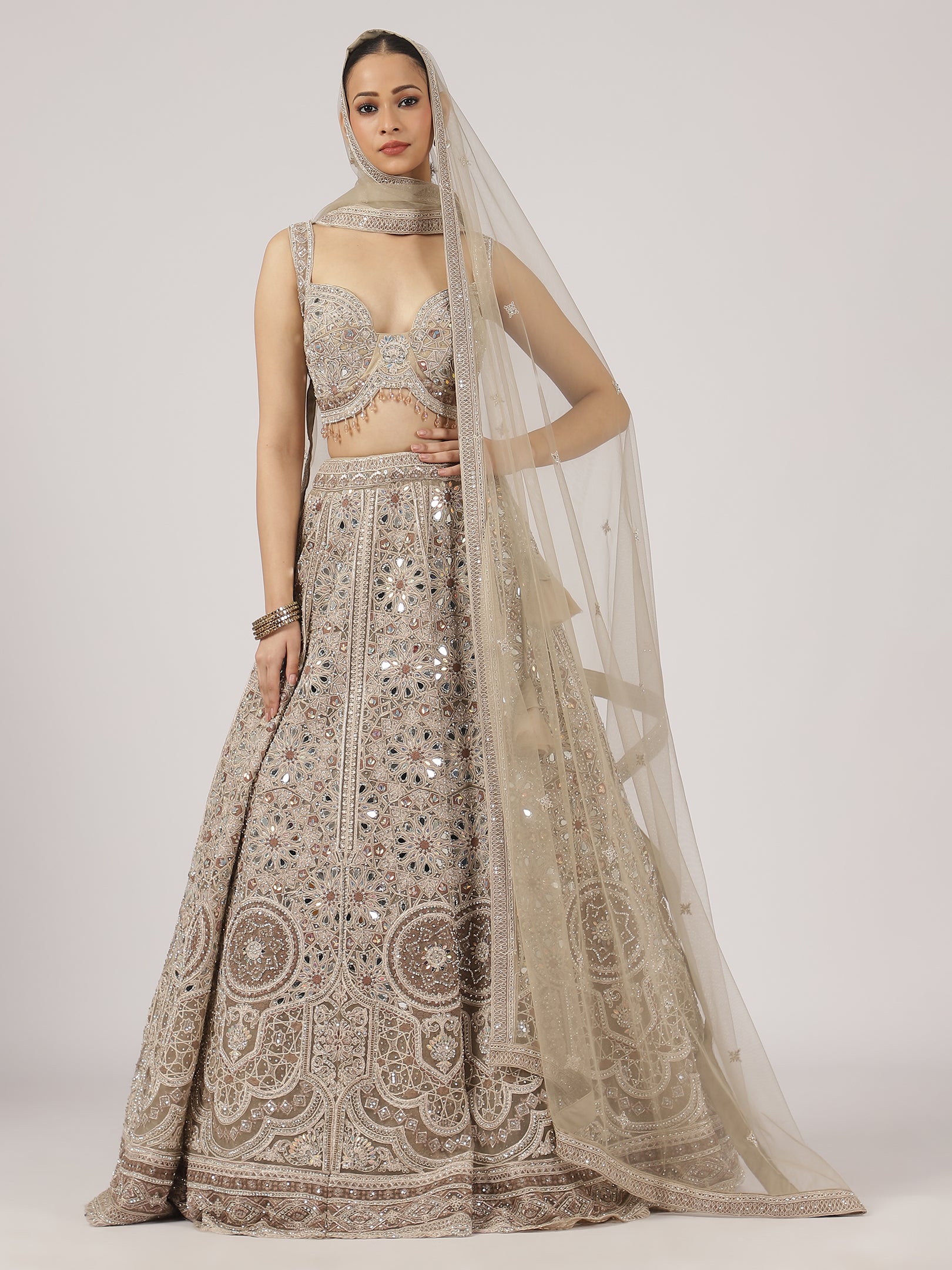 Elegant Beige Netted Lehenga with Intricate Mirror Work Blouse & Skirt