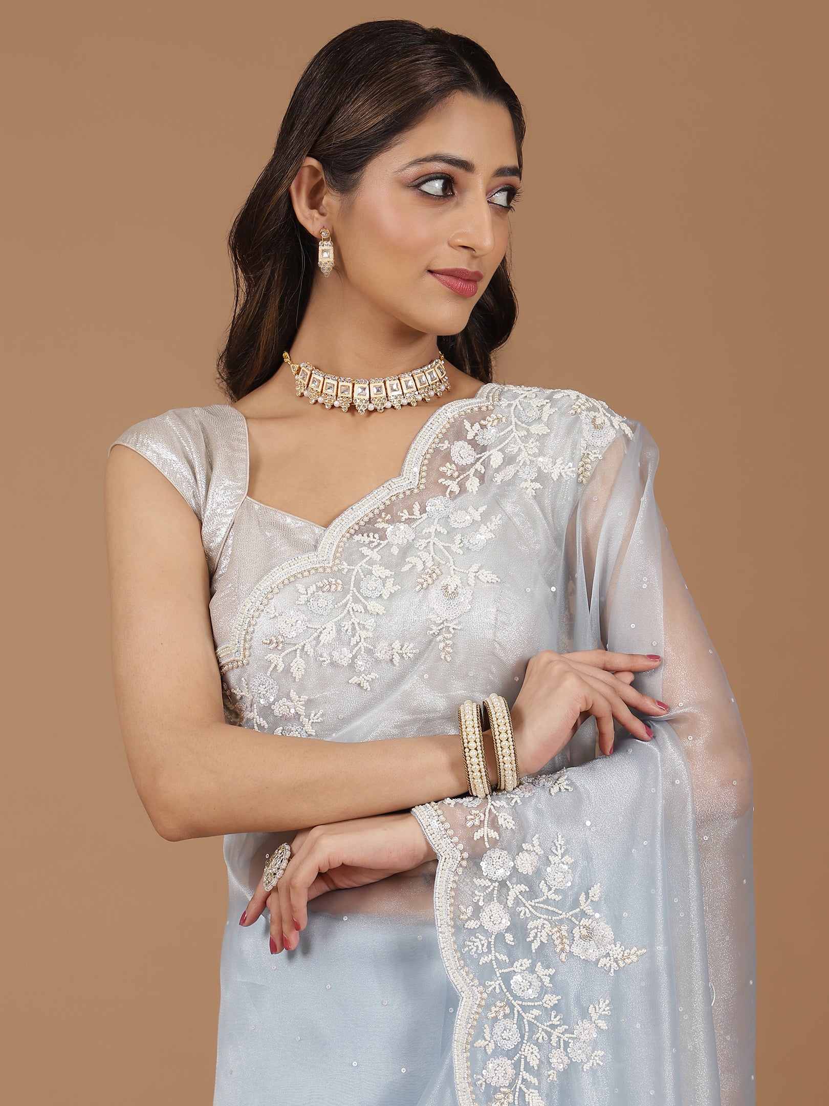 Serene Sky Blue Embroidered Net Saree with Contrasting Blouse