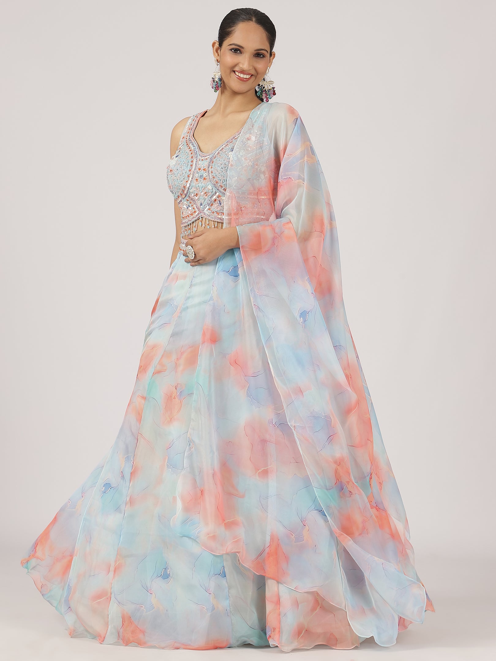 Pastel Blue & Peach Watercolor Organza Lehenga with Embroidered Blouse