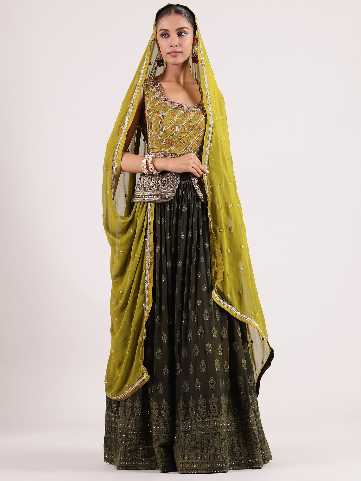 Radiant Bottle Green Georgette Lehenga with Mirror Work & Embroidered Blouse