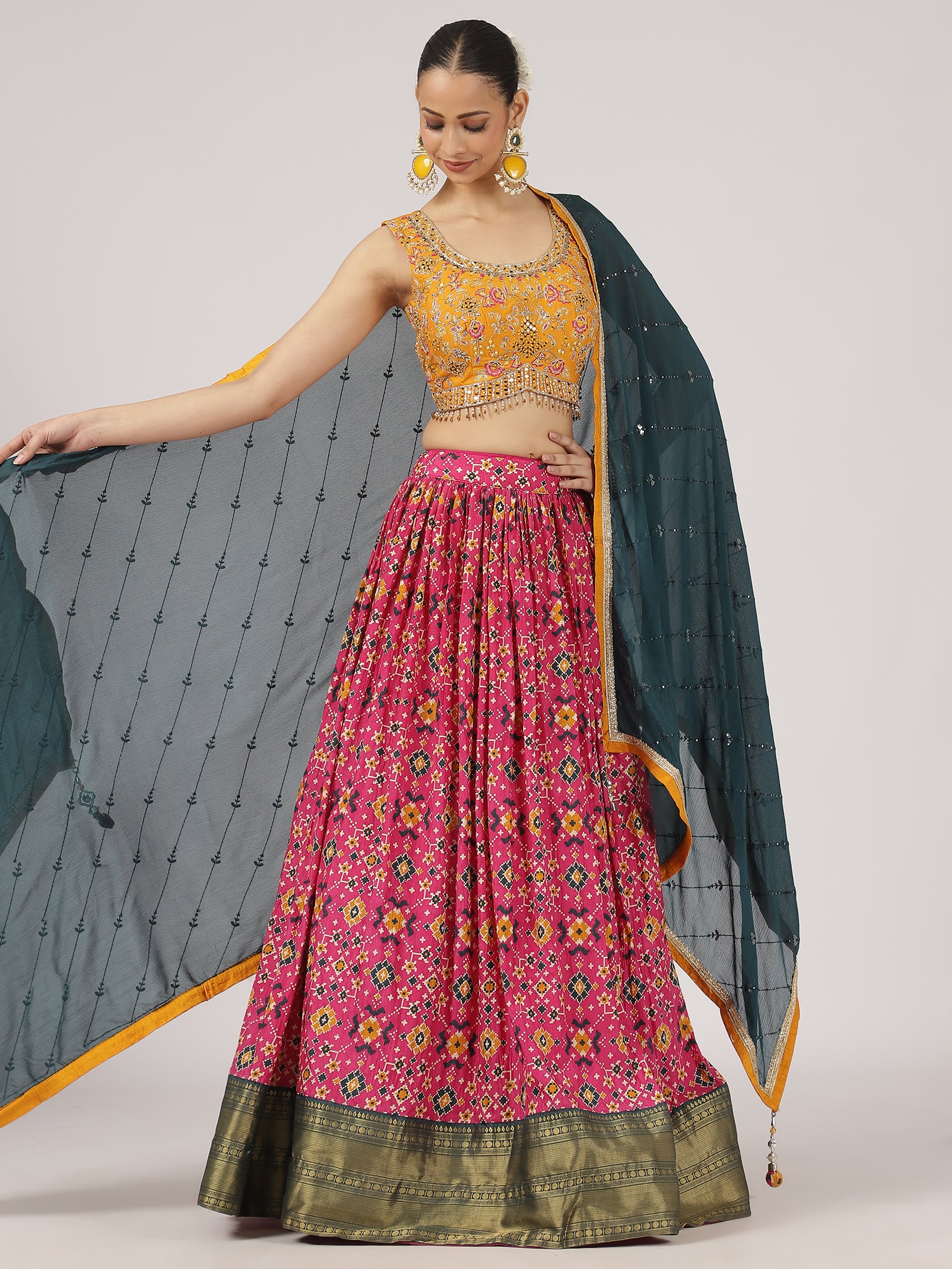 Vibrant Pink & Mustard Cotton Silk Lehenga with Embroidered Mirror Work