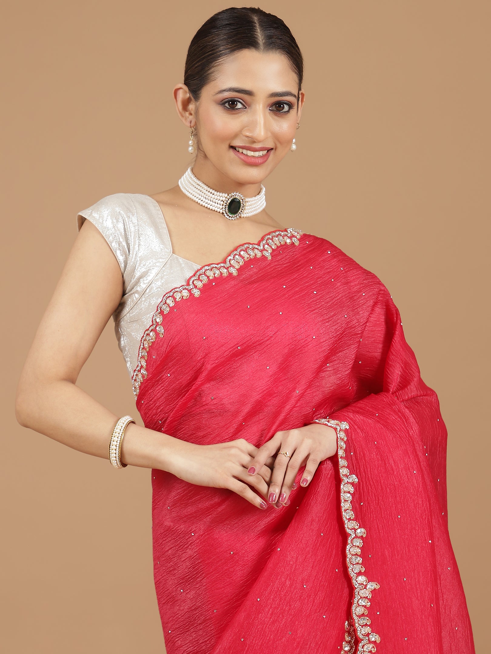 Crushed Silk Saree with Embellished Border