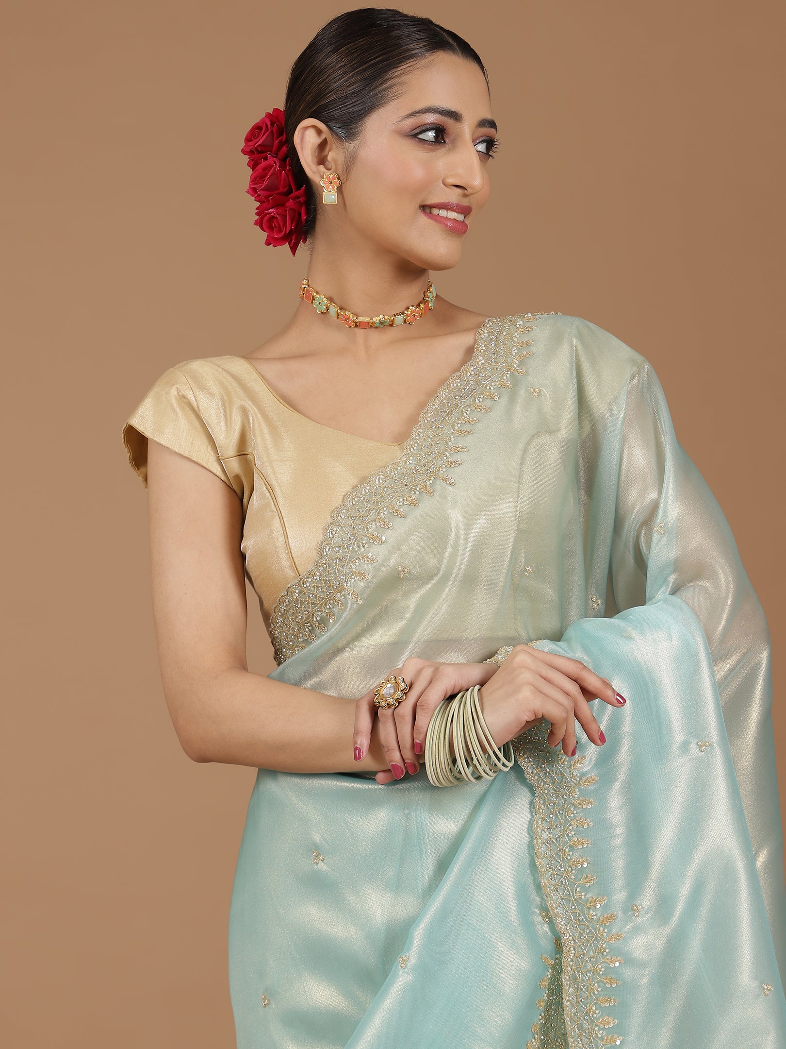 Pearl Embroidered Organza Saree