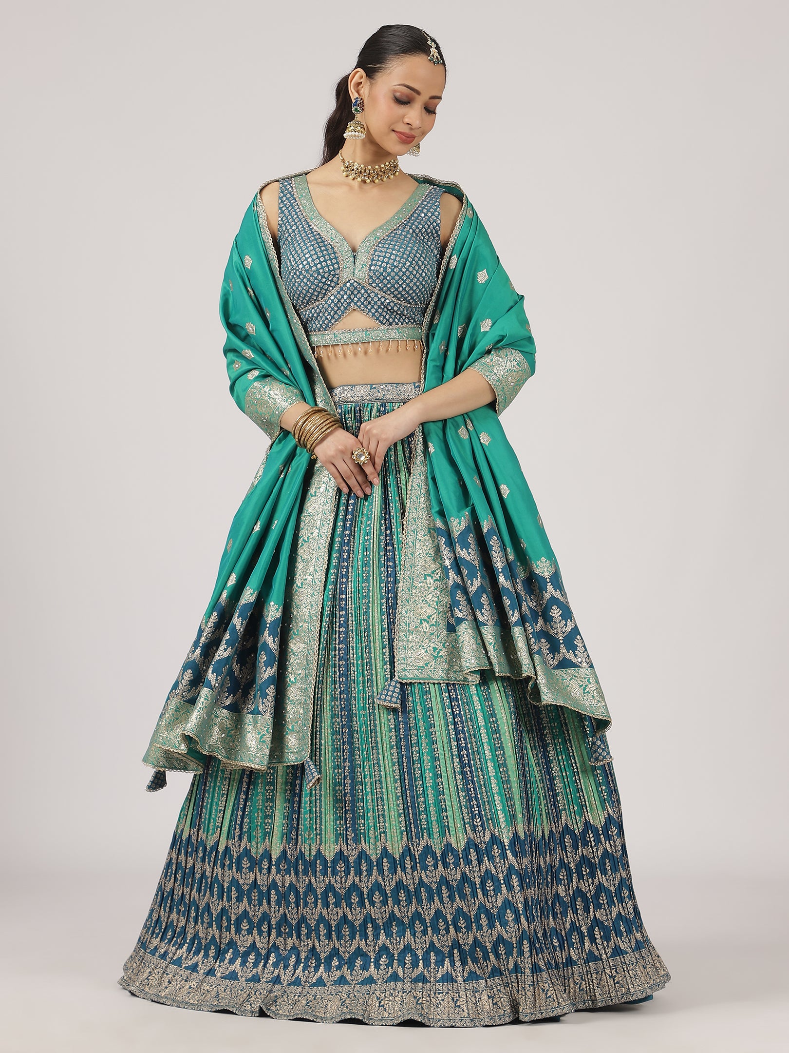 Teal & Blue Bandhani Lehenga with Embroidered Blouse & Dupatta