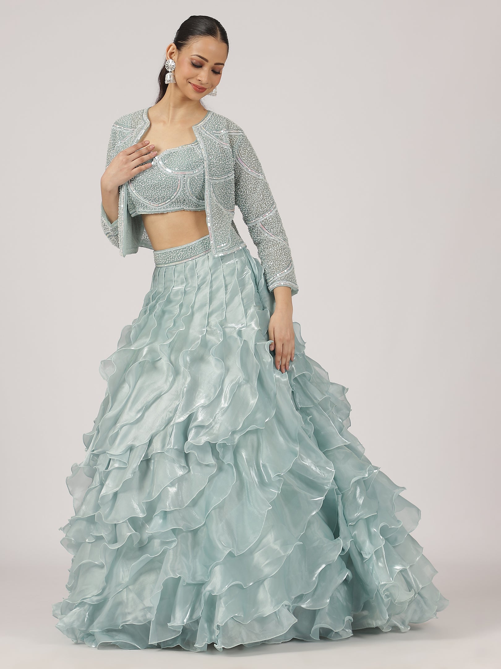 Sea Blue Organza Ruffled Lehenga with Pearl Work Blouse & Overcoat