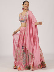 Stunning Pink Silk Lehenga with Peacock & Floral Embroidery