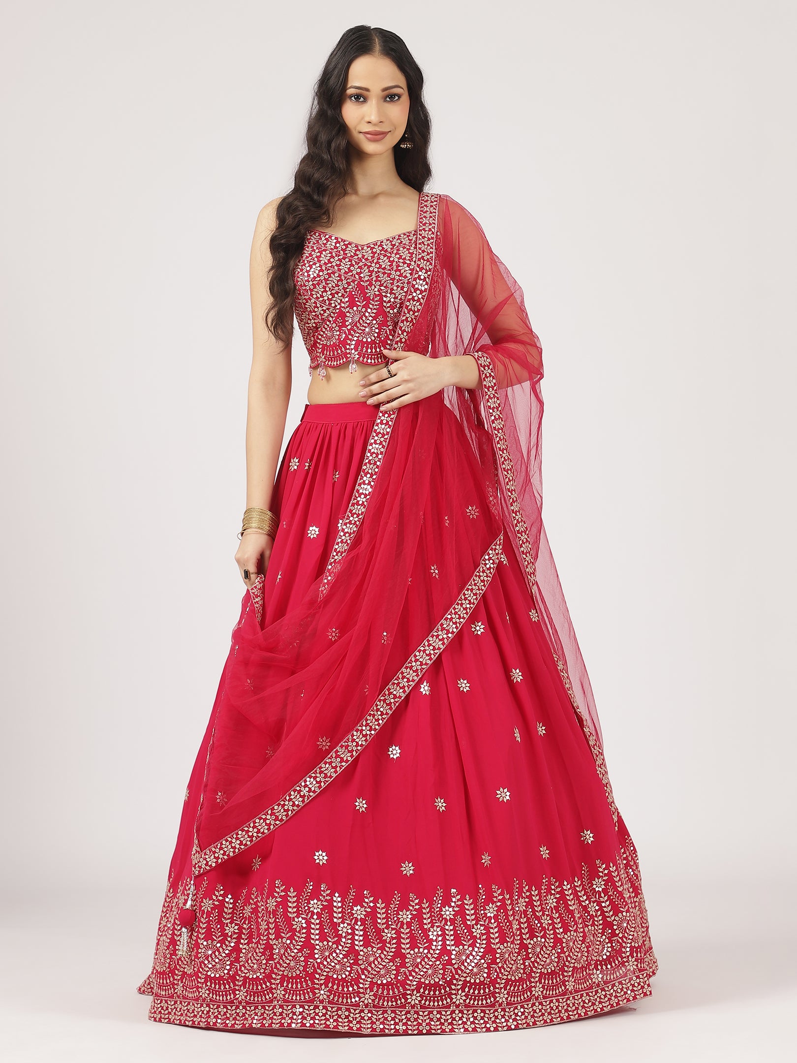 Radiant Red Embroidered Lehenga Set with Mirror Work Blouse & Sheer Dupatta