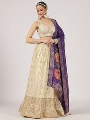 Cream Gold Lehenga Set with Purple Banarasi Dupatta