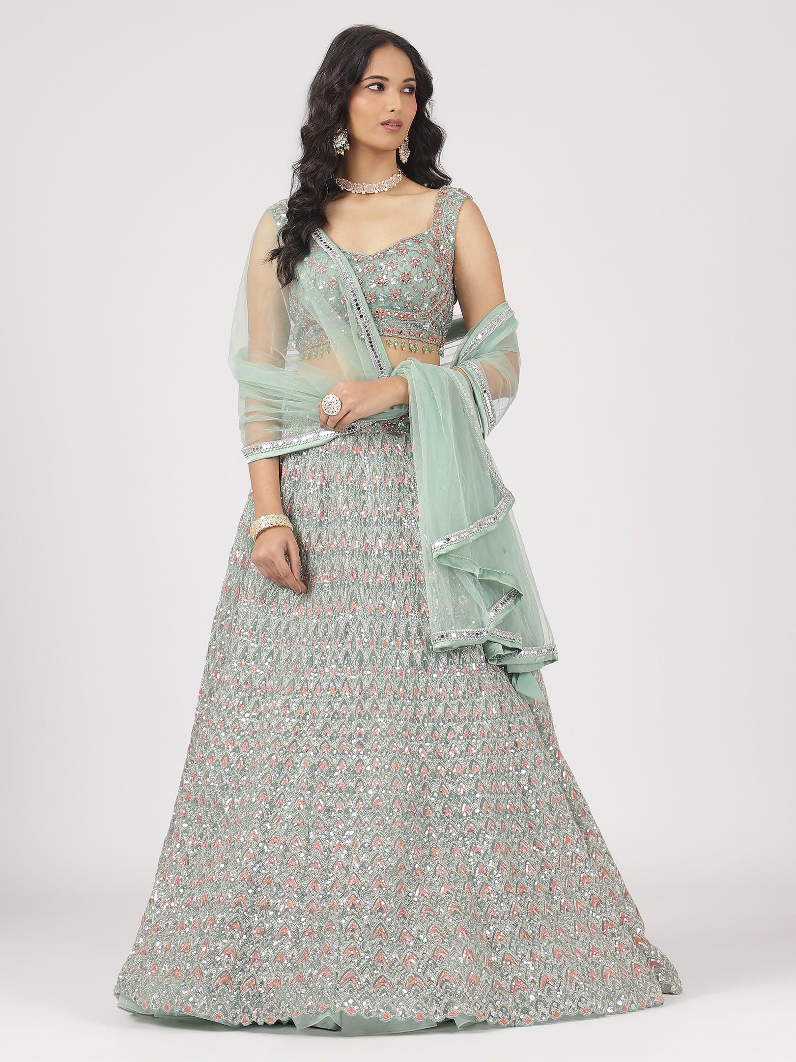 Stunning Sea Green Net Lehenga with Sequin & Stone Work