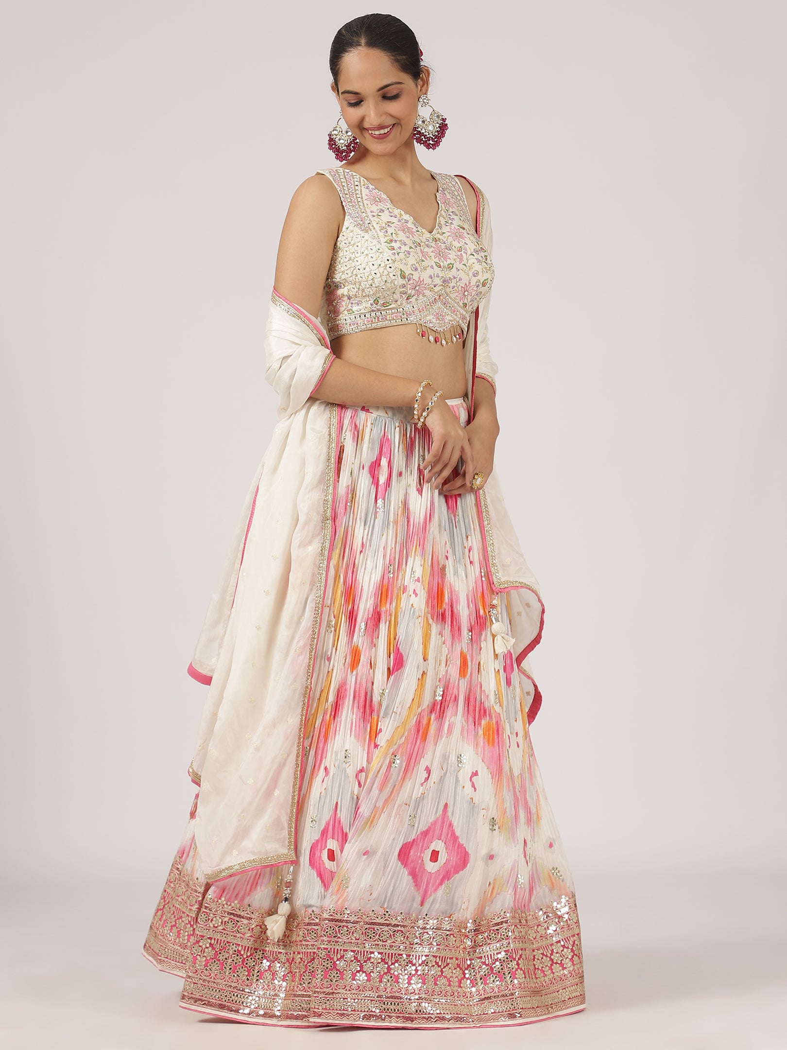 Elegant White & Pink Silk Lehenga with Embroidery & Sequins Work