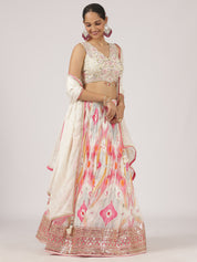 Elegant White & Pink Silk Lehenga with Embroidery & Sequins Work