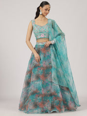 Aqua Blue Floral Organza Lehenga with Embroidered Blouse