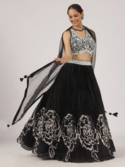 Black & White Satin Pleated Lehenga with Beaded Embroidered Blouse & Netted Dupatta