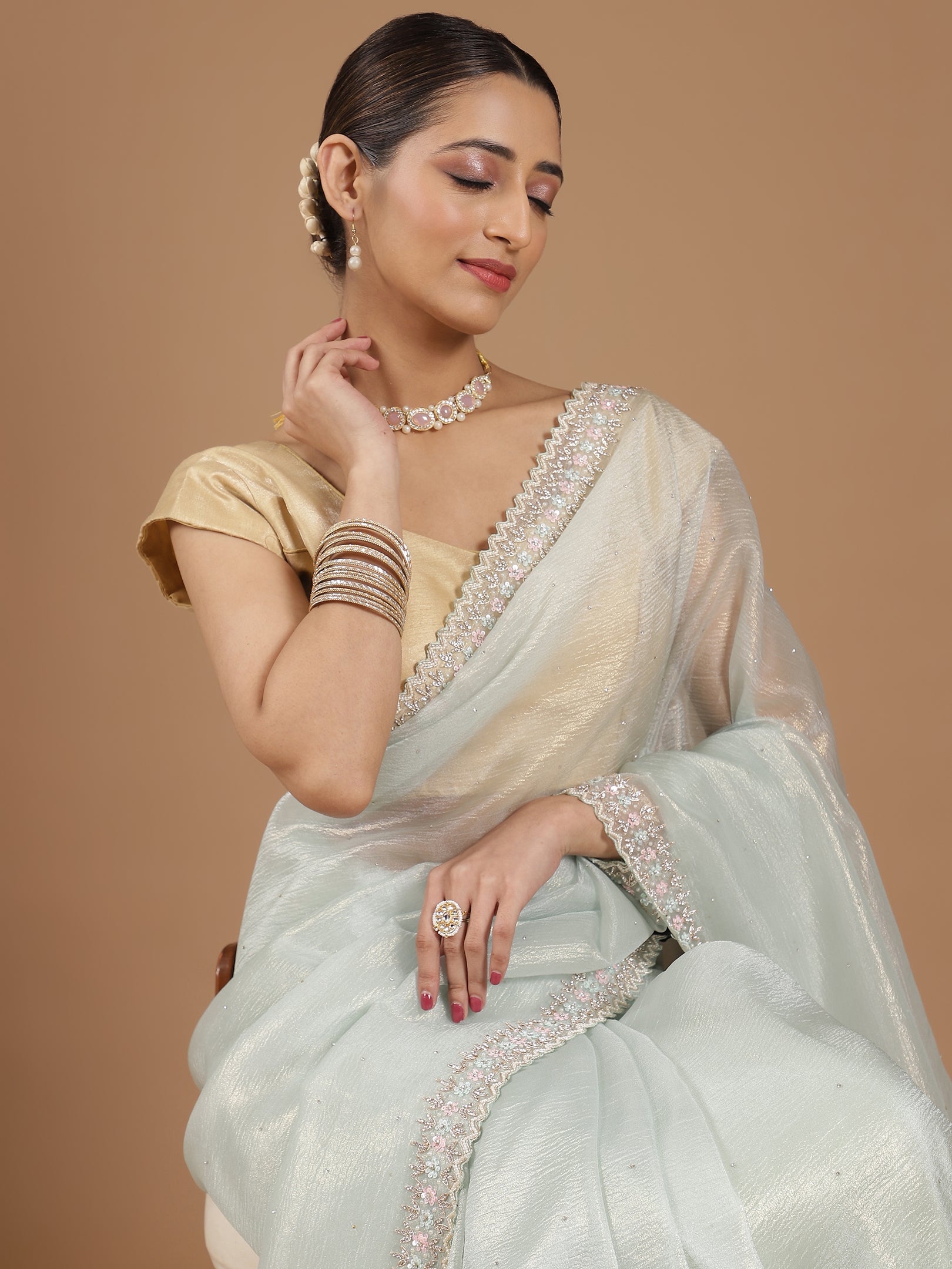 Net Saree with Delicate Floral Embroidery & Scalloped Border