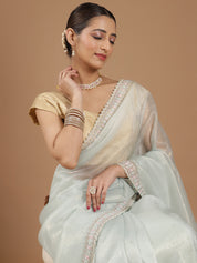 Net Saree with Delicate Floral Embroidery & Scalloped Border