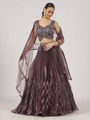 Plum Purple Organza Pleated Lehenga with Hand Embroidered Blouse