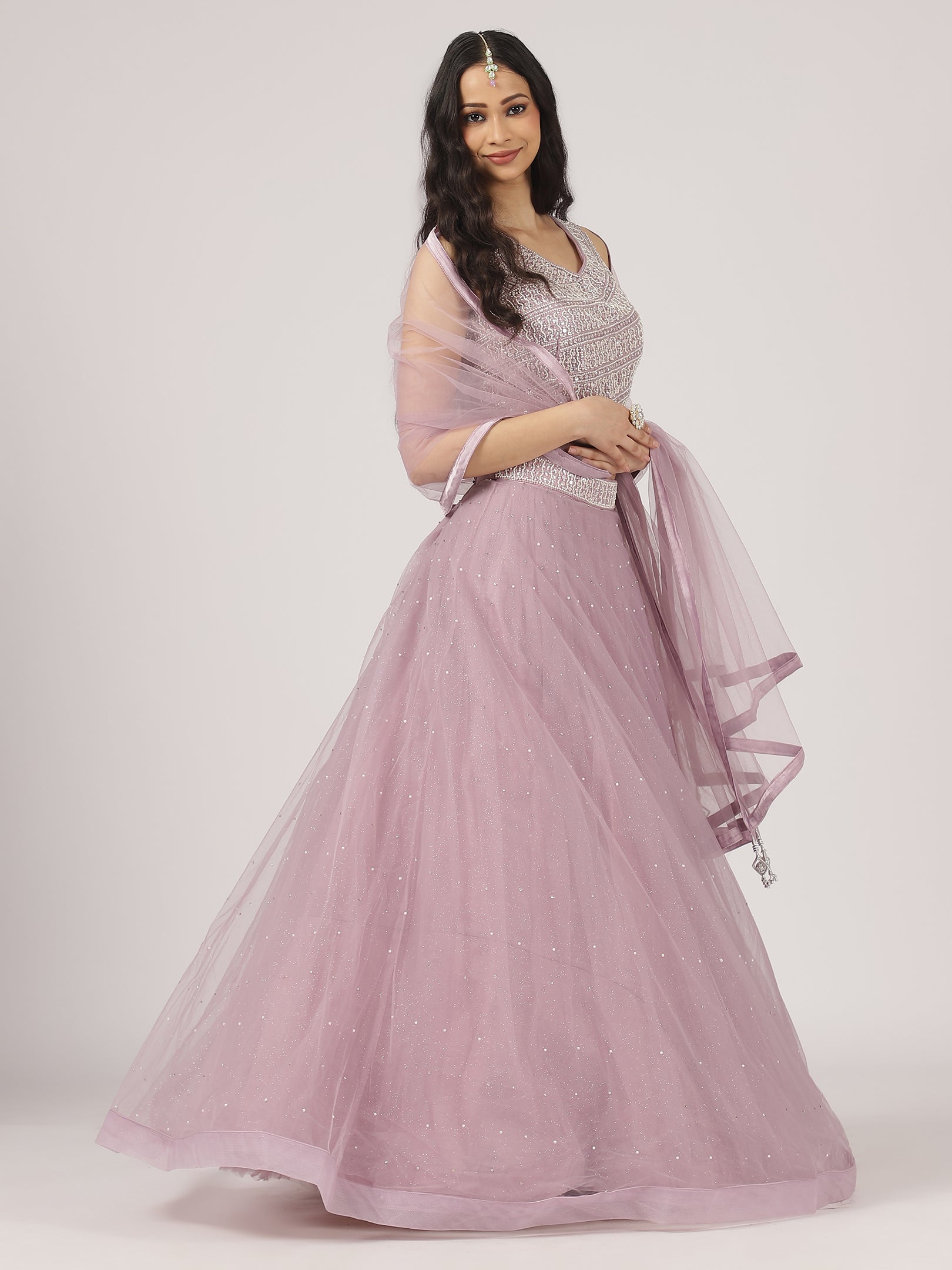 Lilac Net Lehenga with Sequin Embroidery & Designer Blouse