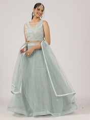 Sage Green Net Lehenga with Sequin Embellishments & Designer Blouse