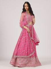 Fuchsia Pink Mirror Work Lehenga with Embroidered Blouse & Dupatta