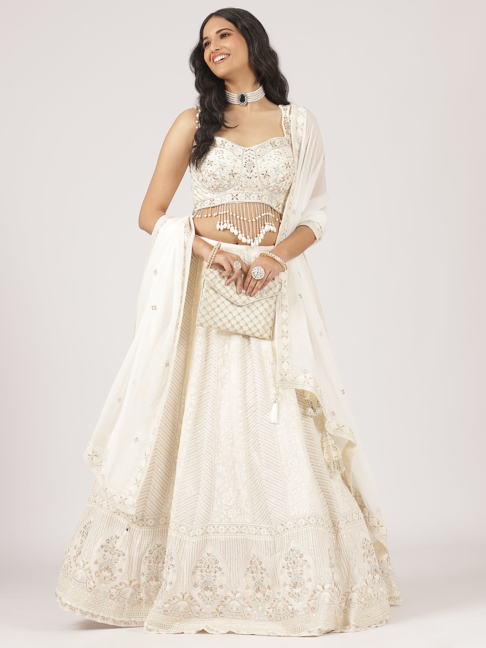 Ethereal Cream Embroidered Lehenga with Mirror Work Blouse