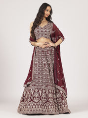 Maroon & Ivory Threadwork Lehenga Set with Embellished Blouse & Net Dupatta