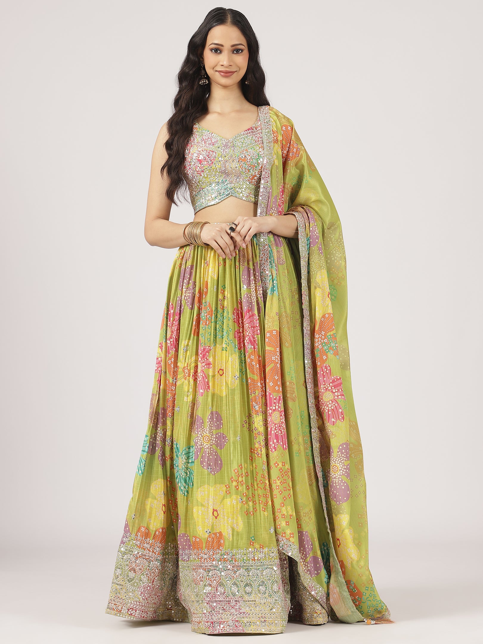 Lime Green Printed Organza Lehenga with Sequin & Mirror Work Blouse