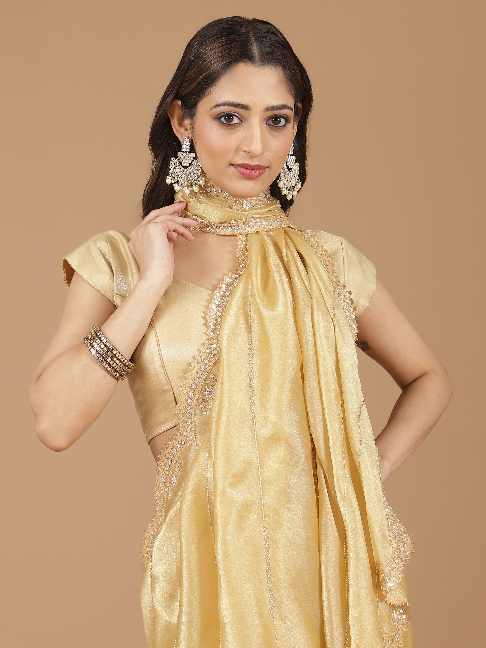 Luxe Golden Satin Silk Saree with Exquisite Embellishments